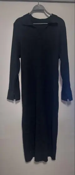 黒 ニット ロングワンピース 袖 スリット入り