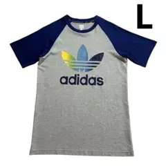 Adidas デカロゴ レインボー トレフォイル Tシャツ L グレー 青のサムネイル
