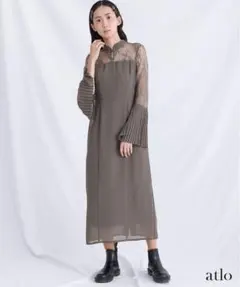 プリーツスリーブレース切り替えチャイナ風ワンピース