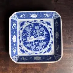 美品 深川製磁 角深皿揃 染付鴛鴦 おしどり D