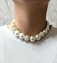 値下！チュールリボンパールネックレス　パーティー　ウェディング　シフォンビジュー