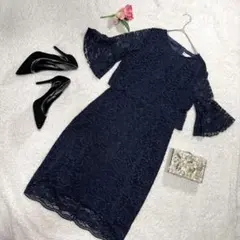 Lace Ladies M結婚式　パーティー花柄総レースロング丈 ネイビー