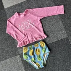 女の子 ラッシュガード 付き ピンク ホワイト 日焼け対策 レトロ 水着　パイン