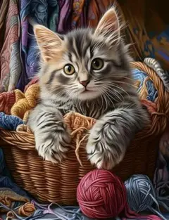 《ラウンド️⭕️》ダイヤモンドアートキット かご猫ちゃんと毛糸