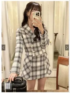 【GRL】ショート丈ジャケット×ミニスカートチェック柄ツイードセットアップ