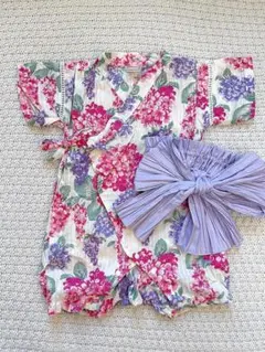 美品♥プティマイン 紫陽花 浴衣 甚平ロンパース 帯付き♥80サイズ