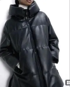 ZARA フェイクレザー コート パフジャケット フード付き