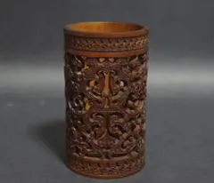 江戸時代 古竹彫 手彫り菊花 筆立 時代物 文房具 ペン立て 書道WWWT025 江戸時代 古竹彫 手彫り菊花 筆立 時代物 文房具 ペン立て 書道WWWT025