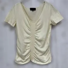 ◆アンタイトル　Vネック　半袖　ニット　プルオーバー　ギャザー　綿100　白　２