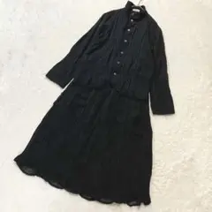 イッセイミヤケ 織り柄シボ加工 ロングワンピース 綿100 紺