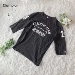 チャンピオン　Tシャツ カットソー　ロンT 七分袖　綿混　プリント　L 濃灰