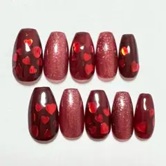 ネイルチップ ハートホロ埋め込みネイル ハートネイル 赤ボルドー ワンホンネイル