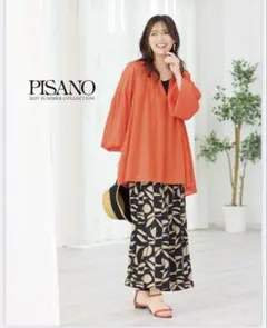 PISANO ピサーノ 麻混 スキッパーギャザーブラウス オレンジ ゆったり 