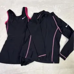 【120cm】Nike 女の子用水着 ラッシュガード2点セット 黒/ピンク