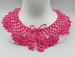 レース つけ襟　ピンク　スカラップ　花モチーフ　ハンドメイド　手編み　花モチーフ