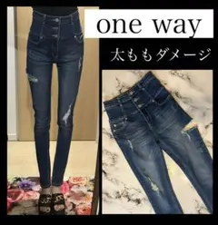 ワンウェイ　サイドリップド　スキニー　デニム　ジーンズ　サイド　ダメージ