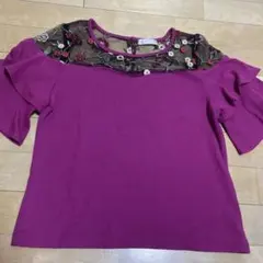 《美品》MIIA フリル袖 花柄刺繍 半袖トップス