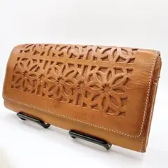 genten ゲンテン 長財布 カットワーク フラップ 本革 ブラウン