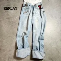REPLAY リプレイ　ダメージデニム ワイド W34 x L33　ワッペン