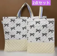 No.962 レッスンバック&上履き袋　2点セット　リボン柄　キルティング