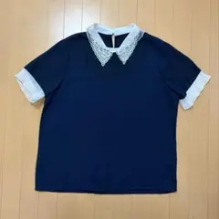 ビジュー襟　トップス　半袖　ブラウス　XLサイズ