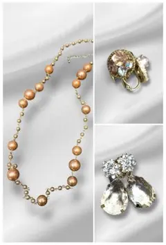 ビーズネックレス＆イヤリングセット ピンクゴールド 夏コーデ 上品