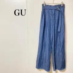 ＧＵ　ワイドパンツ　Ｌ　デニム　ベルト付き　ジーンズ　ゴム　リラックス　綿