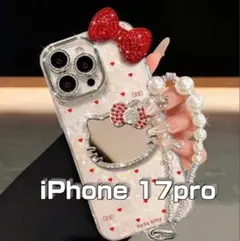 iphone 17proスマホケース　ミラー付きキティ風デコ　ストラップ付き