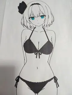 魂魄妖夢 水着 手描きイラスト 東方Project 美少女 A4 20