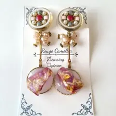 ハンドメイドイヤリング　大ぶり　パール　ゴールド　小花　金箔