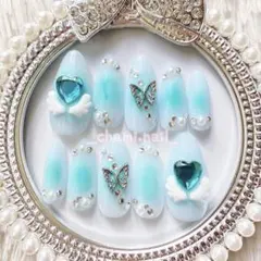 ちゅるん水色 ハート 蝶 ネイルチップ キラキラ 韓国 量産型 No.19