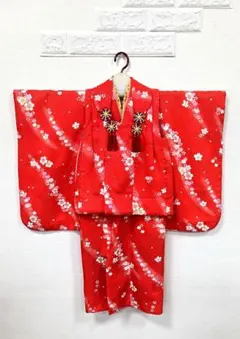 七五三　３歳　被布　着物　女児　100cm　赤昭和レトロ