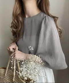 JUNOAH バルーンスリーブシアーブラウス