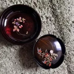 漆器 菓子器 花模様 赤黒