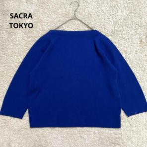 【SACRA】サクラ　ボートネックニット　ブルー　異素材　ウール混　七分袖