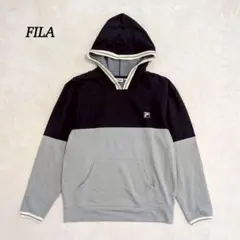 ★フィラ パーカー 【LL】 刺繍ロゴ バイカラー 前ポケット ネイビー×グレー