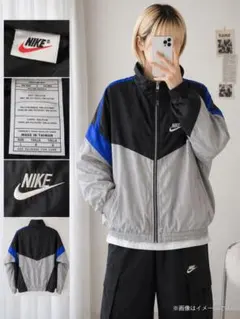 90s NIKE ナイロンジャケット 刺繍ロゴ L 青 黒 Y2K 切替