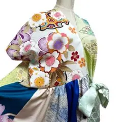 振袖　着物リメイク　シルエット変形ドレス　和柄　ハンドメイド　ブルー×蝶