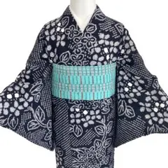 黒　紫陽花　身丈160 有松絞り　絞り染め　絞り浴衣　総絞り　浴衣　NO2のサムネイル