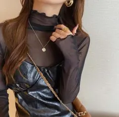 シアートップス　透け感タートルネック長袖トップス　ブラックカラー