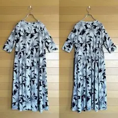 【美品】ドゥクラッセ カットソー ワンピース 花柄 ウエスト紐付き 白×黒 L