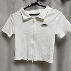 白 ダブルジップ半袖Tシャツ 襟付き ショート丈 M
