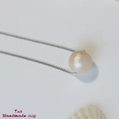 ペールピンク マットカラー コットンパールのショートネックレス シルバーチェーン