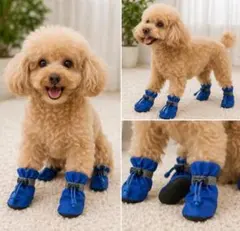 子犬用 ドッグシューズ 防水 滑り止め 反射テープ付 レインシューズ 青 M