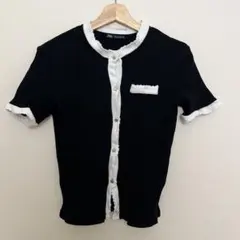 ZARA リブ編み フリル襟 半袖ニット M