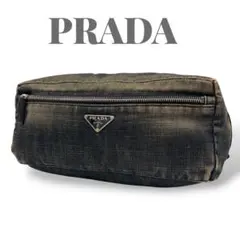 激レア プラダ セカンドバッグ ポーチ デニム 三角ロゴ ヴィンテージ グレー 激レア PRADAプラダ セカンドバッグ ポーチ デニム 三角ロゴ