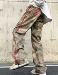 サイドジッパー　カモフラ　長ズボン　ゆるだぼ　韓国　ワイドレッグ　ユニセックス