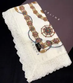 セリーヌハンカチスカーフ膝掛け　ヴィンテージ　宝石チェーン上品レース　新品