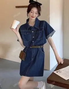 デニム 半袖ミニワンピース ダークブルー