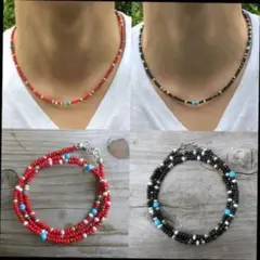 ▼40cm ネイティブカラー ビーズネックレス【2set】Red&Black07